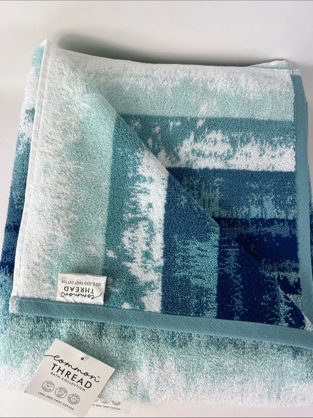 Common Thread Bath Towel Set Blue White Abstract Pattern 100% Cotton 2 pc NEW